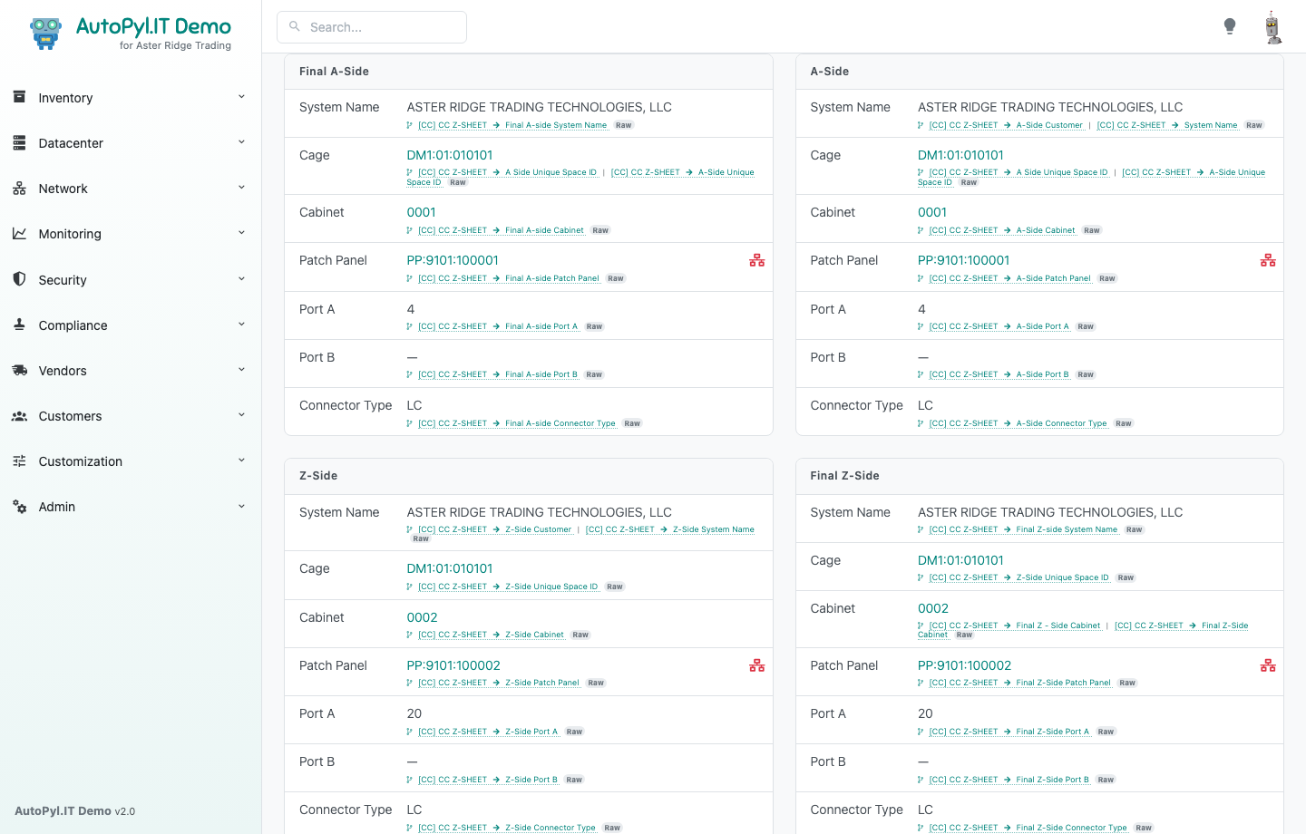 AutoPyl.IT cross-connect detail page showing final side values and mapped source fields